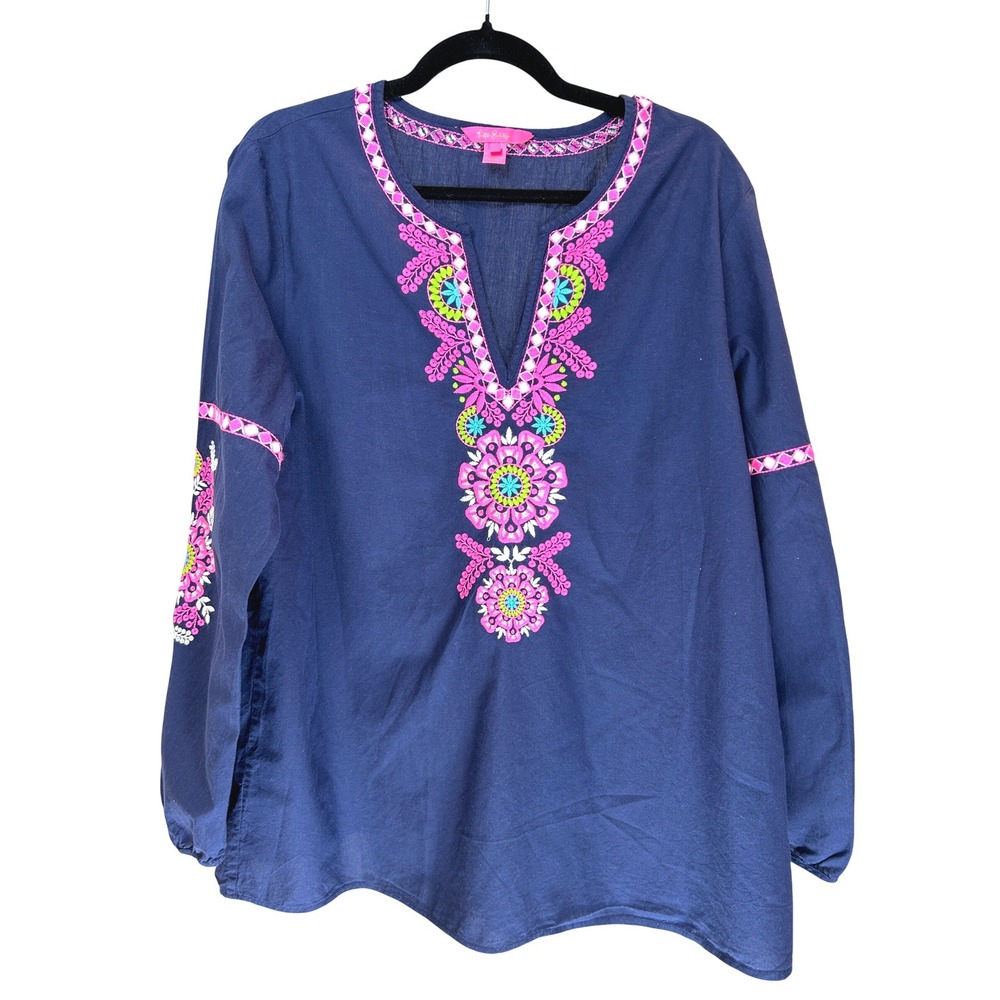 Lilly Pulitzer Coretta Embroidered Tunic Top Blue Pink Long Sleeve Women's XL - Picture 3 of 8